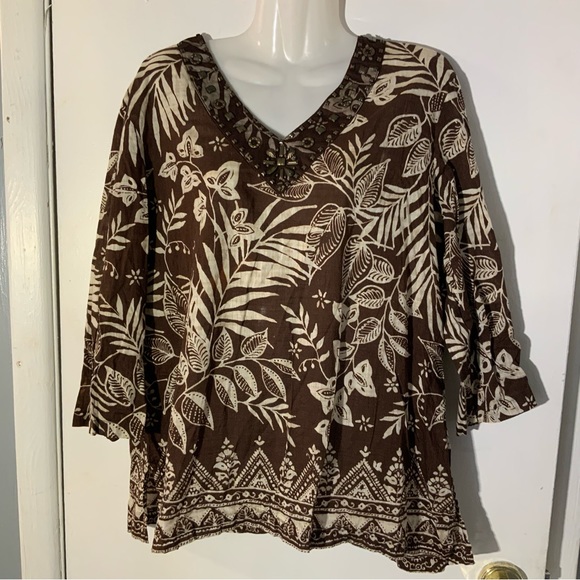 Boho Leaf Floral V Neck Top Brown sz 20 Bling V Neckline Slimming GRAB IT NOW! - Picture 1 of 10